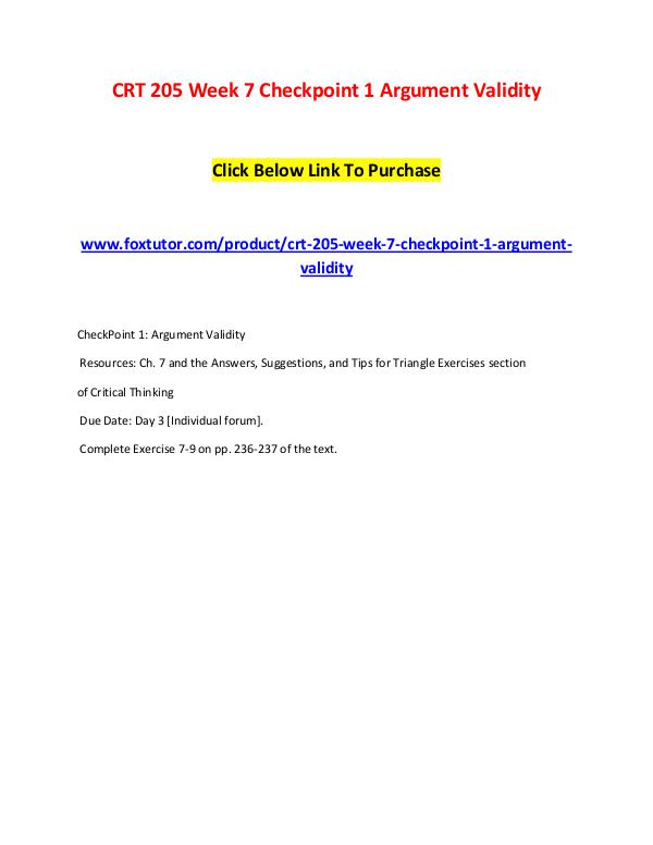 CRT 205 Week 7 Checkpoint 1 Argument Validity CRT 205 Week 7 Checkpoint 1 Argument Validity