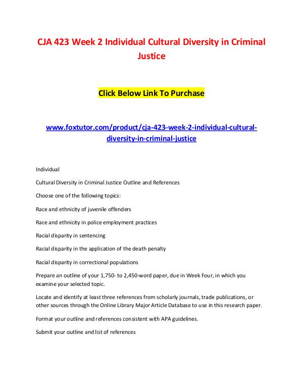 CJA 423 Week 2 Individual Cultural Diversity in Criminal Justice CJA 423 Week 2 Individual Cultural Diversity in Cr