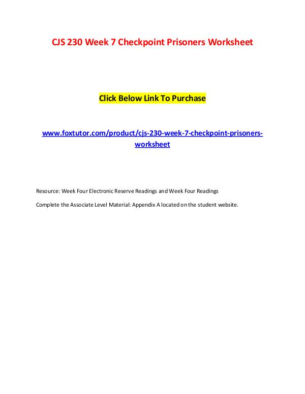 CJS 230 Week 7 Checkpoint Prisoners Worksheet CJS 230 Week 7 Checkpoint Prisoners Worksheet