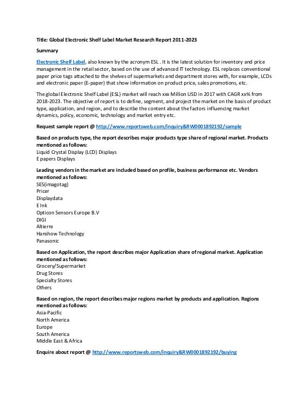 ReportsWeb Global Electronic Shelf Label Market