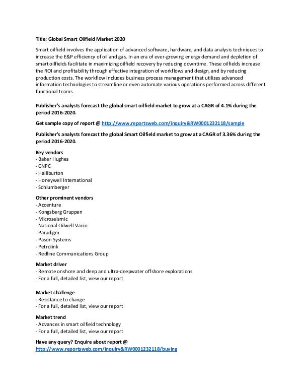 Smart Oilfield Market Growth & Analysis 2020
