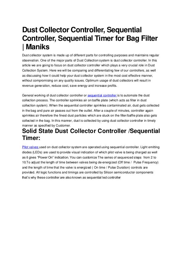 Dust Collector Controller, Sequential Controller, Sequential Timer article