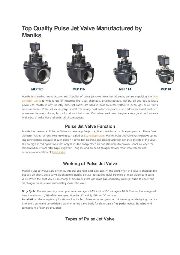 Top Quality Pulse Jet Valve Manufactured by Maniks Top Quality Pulse Jet Valve Manufactured by Maniks