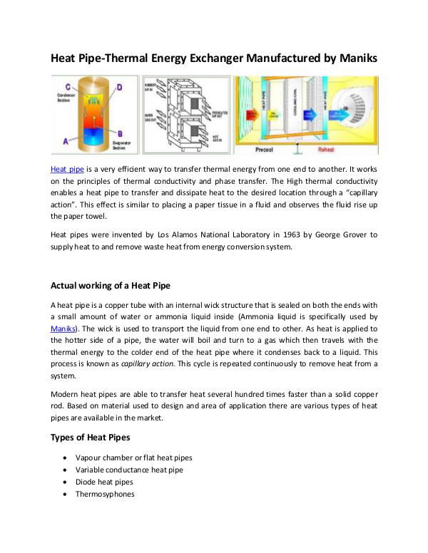 Top Quality Heat Pipes Manufactured By Maniks Heat Pipe-Thermal Energy Exchanger Manufactured by
