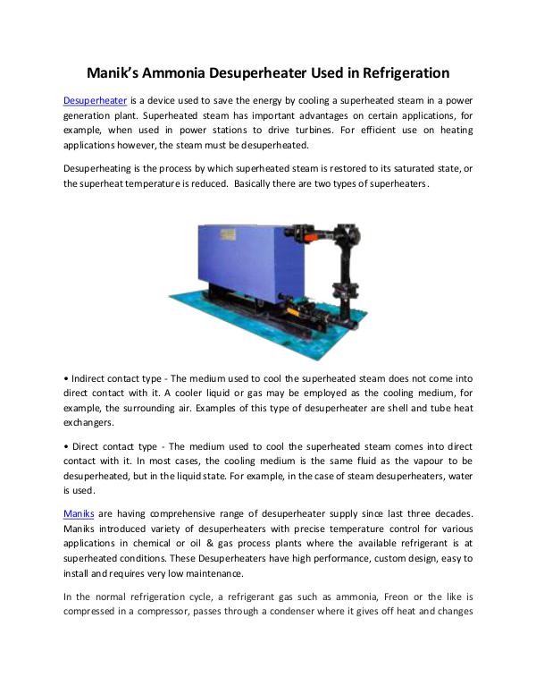 Manik’s Ammonia Desuperheater Used in Refrigeratio