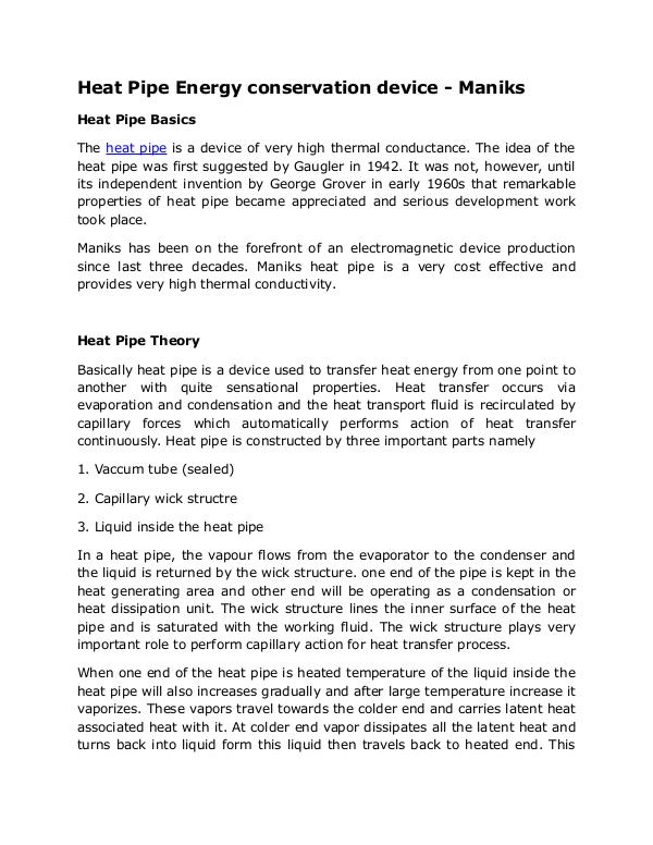 Heat Pipe energy conservation device Manufactured