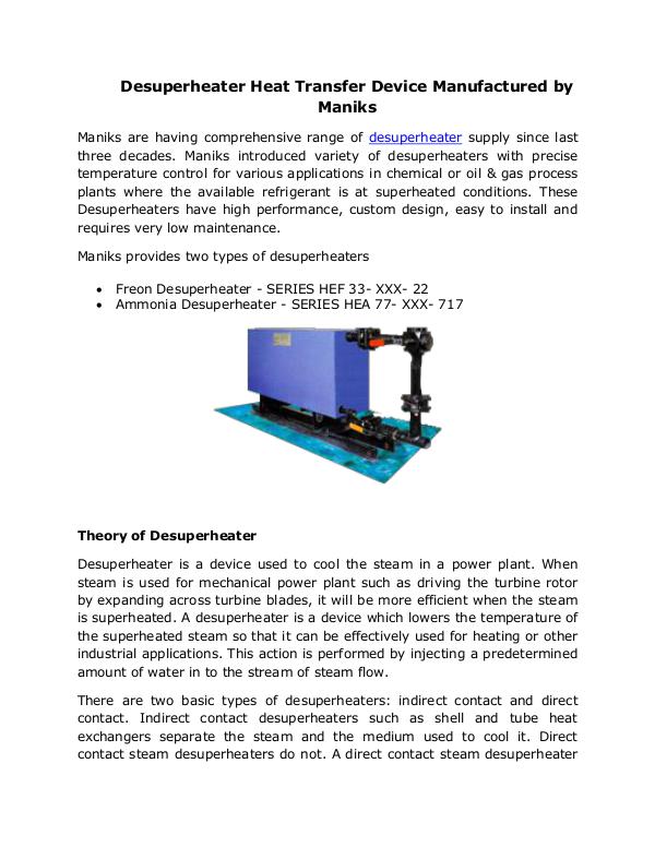 Desuperheater Heat Transfer Device Manufactured by