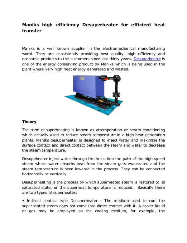 Maniks high efficiency Desuperheaters for efficien