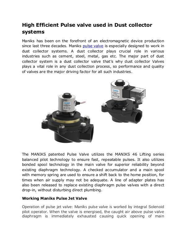 High Performance Pulse Jet Valve for Reverse Jet Bag Filters by Manik High Efficient Pulse valve used in Dust collector