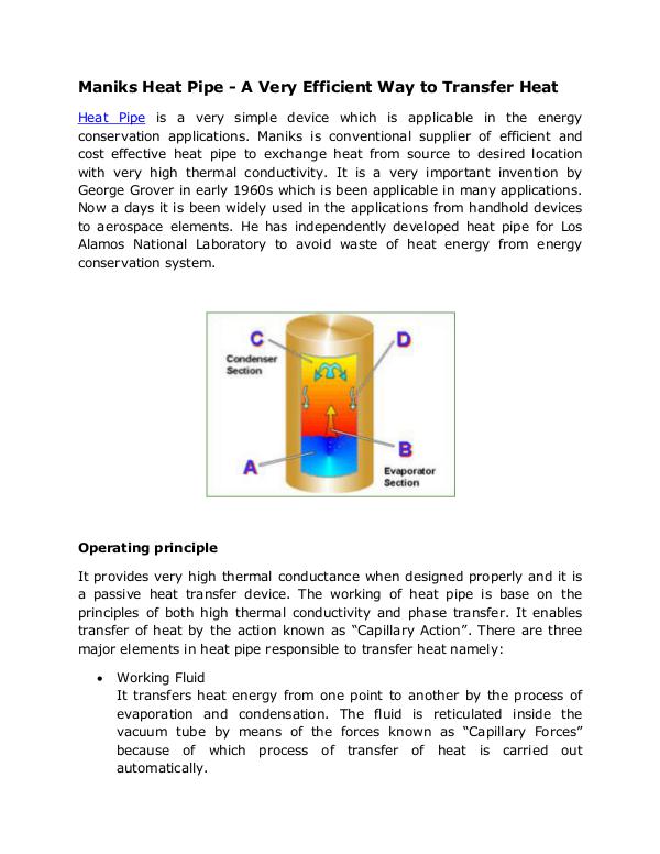 Maniks Heat Pipe- A Very Efficient Way to Transfer
