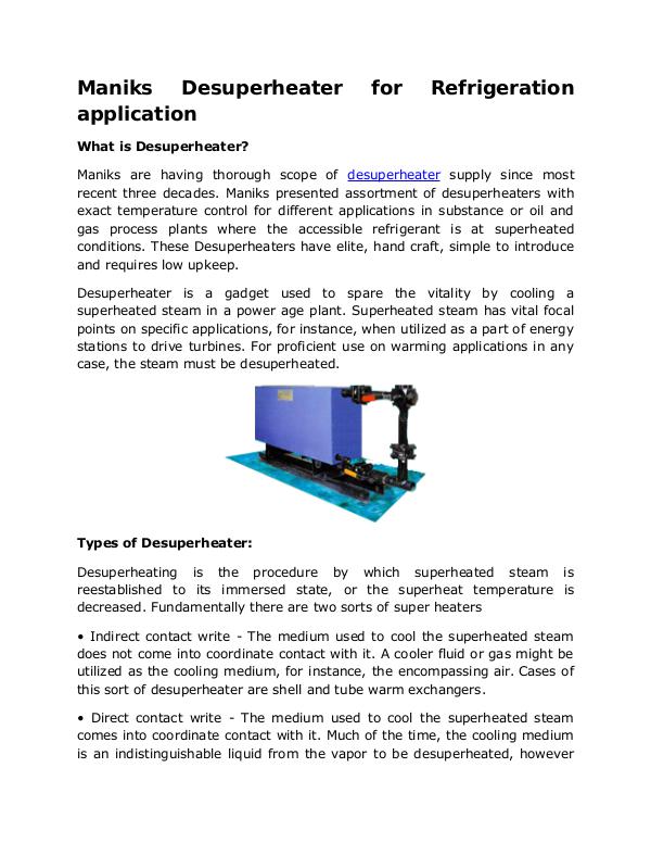 Maniks Desuperheater for Refrigeration application