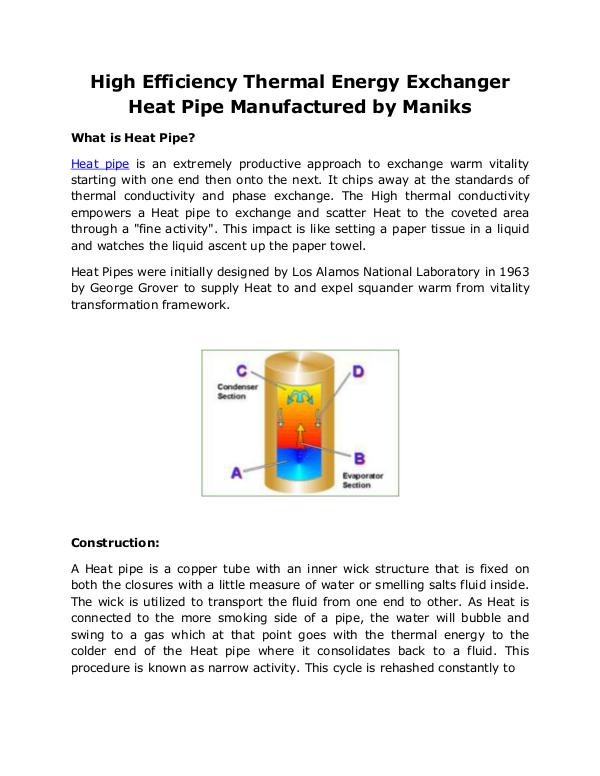 High Efficiency Thermal Energy Exchanger Heat Pipe