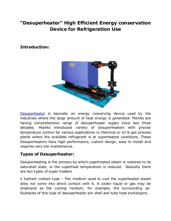 “Desuperheater” High Efficient Energy conservation