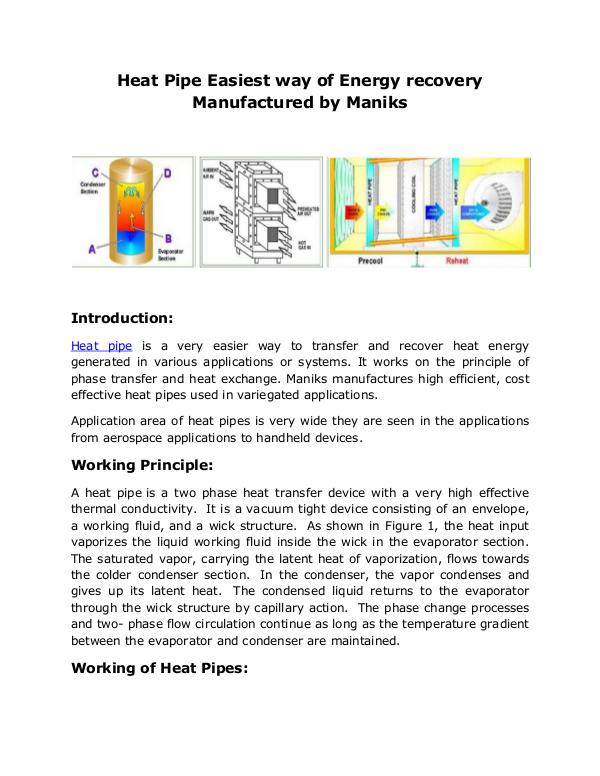 Heat Pipe Easiest way of Energy recovery Manufactu