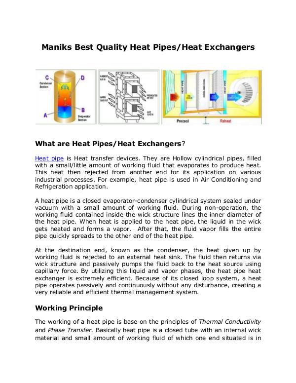 Top Quality Heat Pipes Manufactured By Maniks Maniks Best Quality Heat Pipes/Heat Exchangers