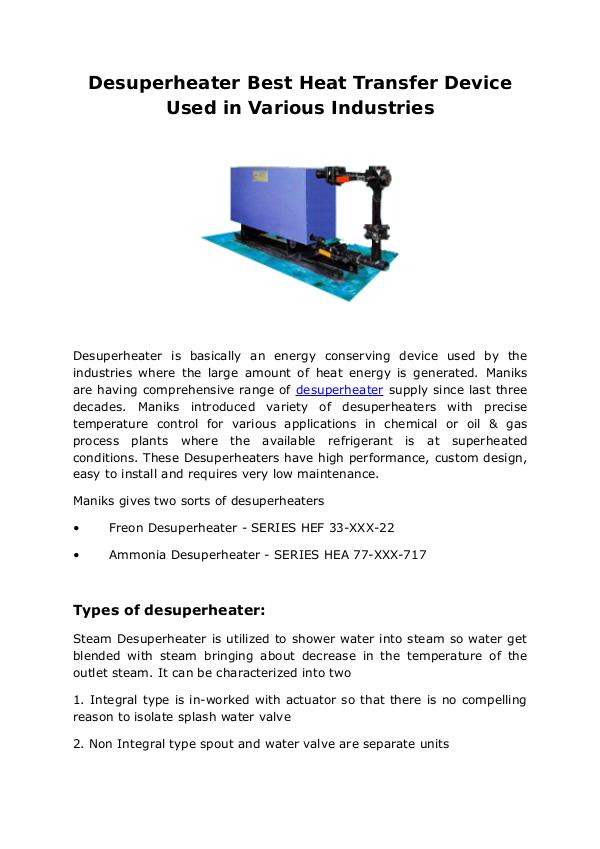 What is a Desuperheater? Maniks Desuperheater Best Heat Transfer Devices