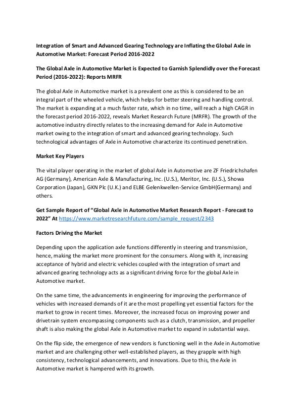 Asia Pacific Blood Glucose Test Strip Packaging Market Research Repor Automotive Axle Market_12.02_Anushree190219