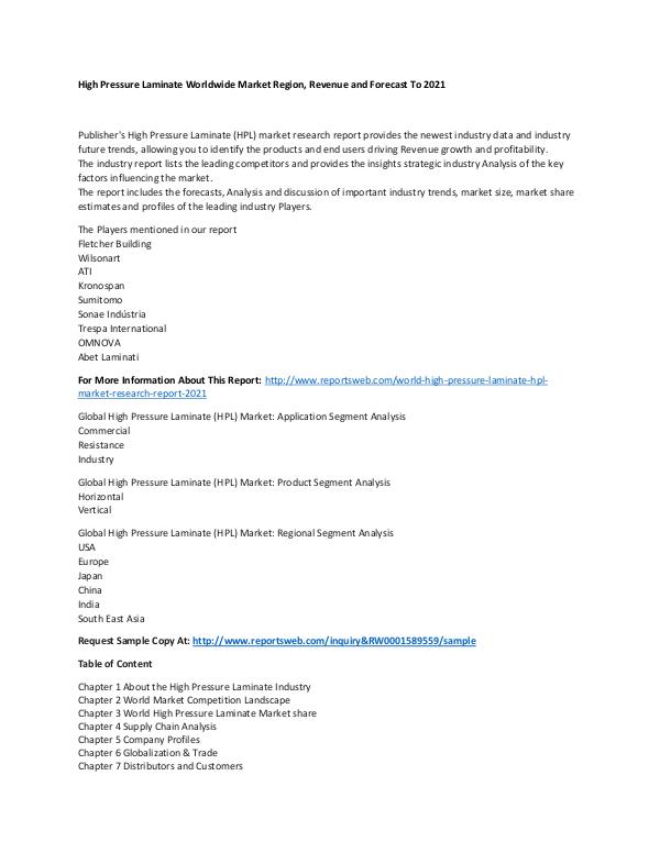 World High Pressure Laminate (HPL) Market Research