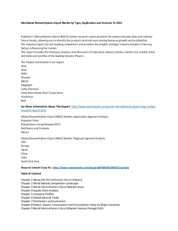 Market Research Update World Monoethylene Glycol (MEG) Market Research Re