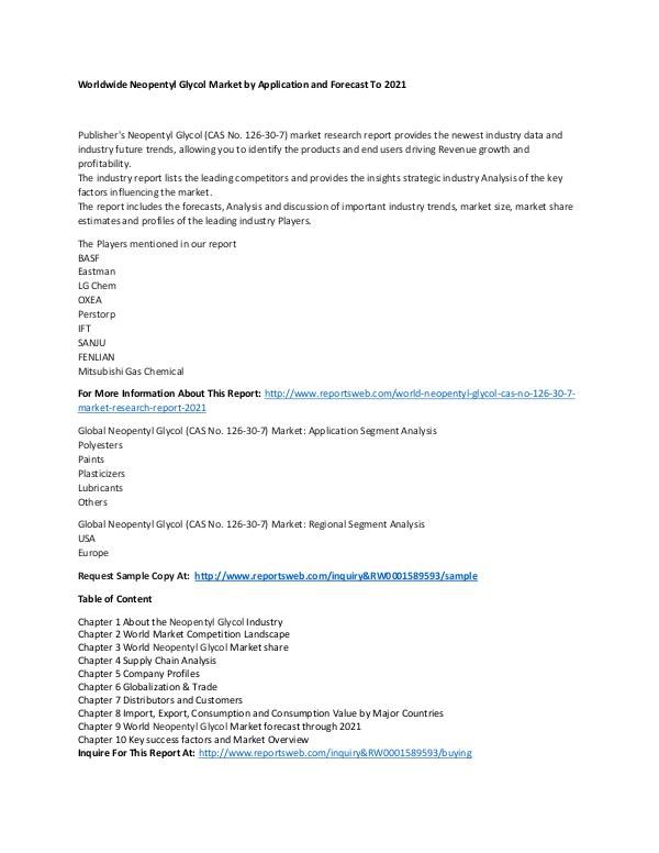 World Neopentyl Glycol (CAS No. 126-30-7) Market R