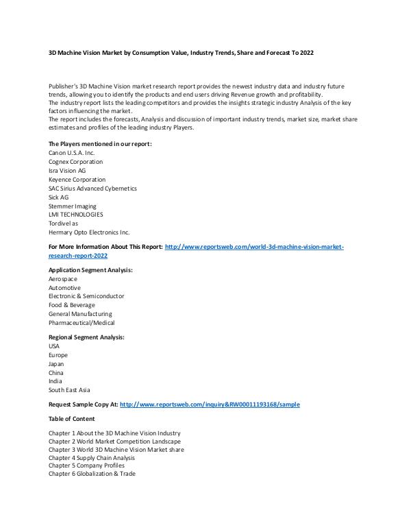 Market Research Update World 3D Machine Vision Market Research Report 202