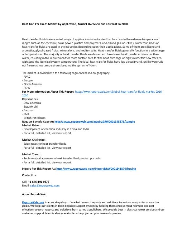 Market Research Update Global Heat Transfer Fluids Market 2016-2020