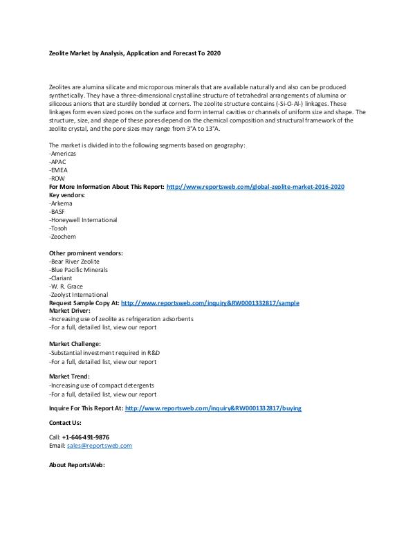 Market Research Update Global Zeolite Market 2016-2020