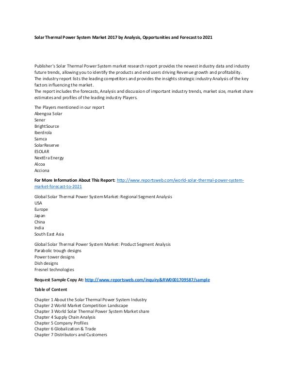 Market Research Update World Solar Thermal Power System Market Forecast t