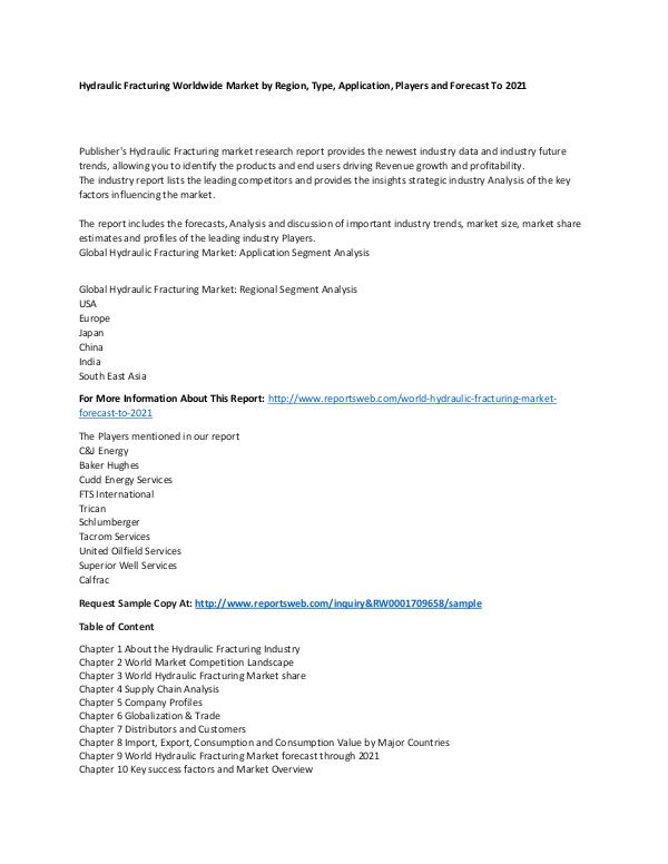 Market Research Update World Hydraulic Fracturing Market Forecast to 2021