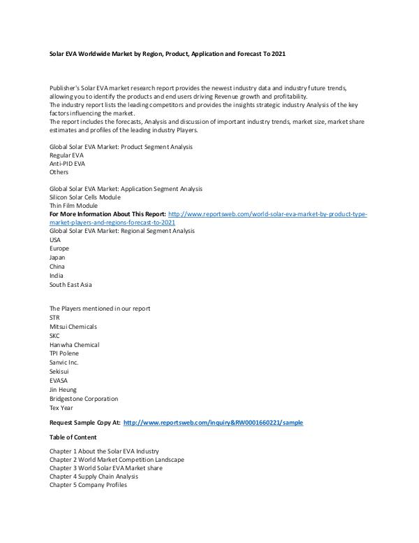 Market Research Update World Solar EVA Market by Product Type, Market, Pl