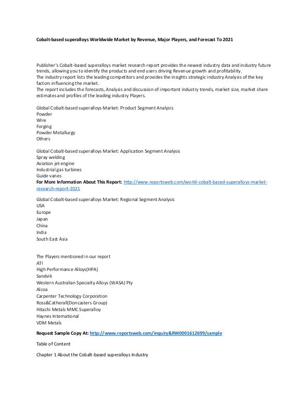 Market Research Update World Cobalt-based superalloys Market Research Rep