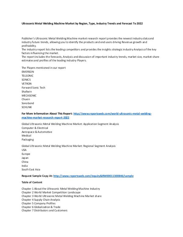 Market Research Update World Ultrasonic Metal Welding Machine Market Rese