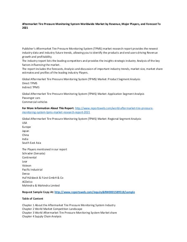 Market Research Update World Aftermarket Tire Pressure Monitoring System