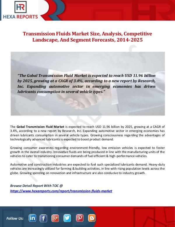 Hexa Reports Transmission Fluids Market Size, Analysis, Competi