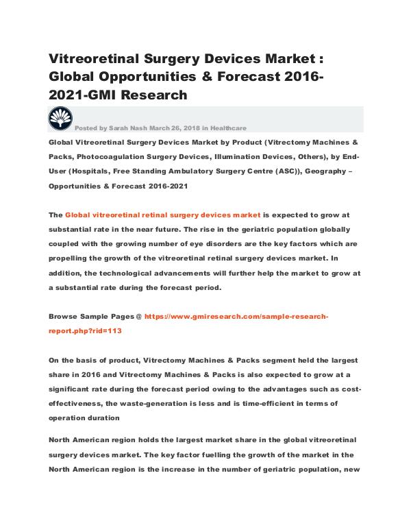 Vitreoretinal Surgery Devices Market (2016-2021) - GMI Research Global Vitreoretinal Surgery Devices Market Opport