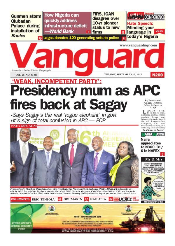 Presidency mum as APC fires back at Sagay 26 September 2017