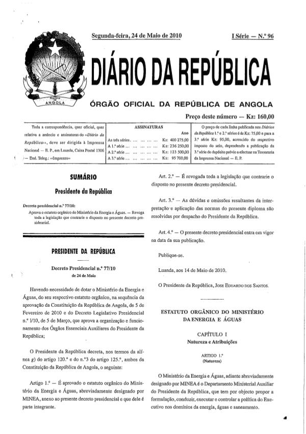 Estatuto Orgânico do Ministério da Energia e Águas Estatuto Organico do Ministerio da Energia e Aguas