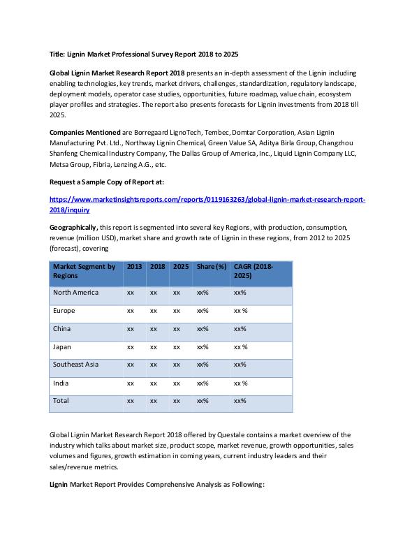 Research Report Lignin Market Professional Survey Report 2018 to 2