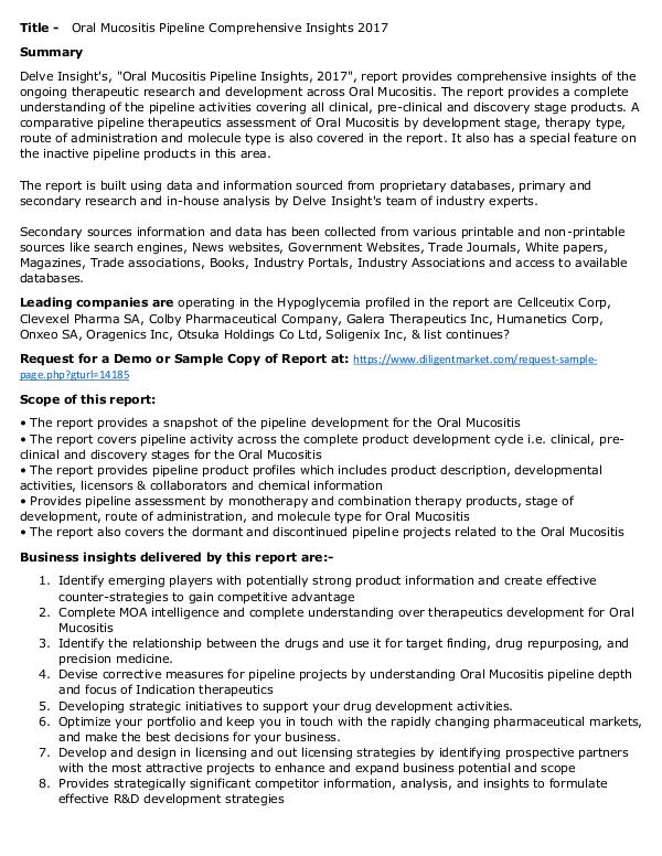 Oral Mucositis - Pipeline Insight, 2017