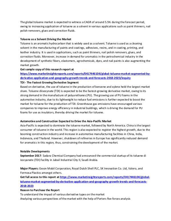 Global Toluene Market Analysis 2018