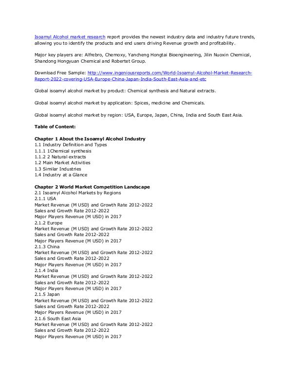 Isoamyl Alcohol Market Research Key Players and Industry Overview Isoamyl Alcohol Market Research Report