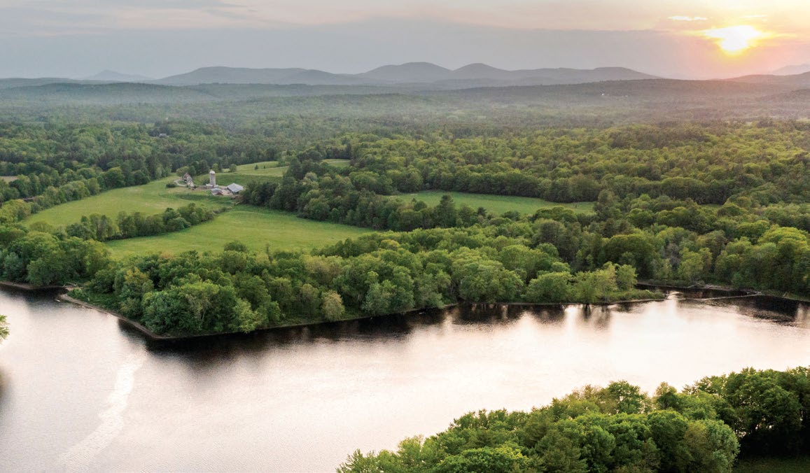 Aerial view of river surrounded by lush green forests at sunset