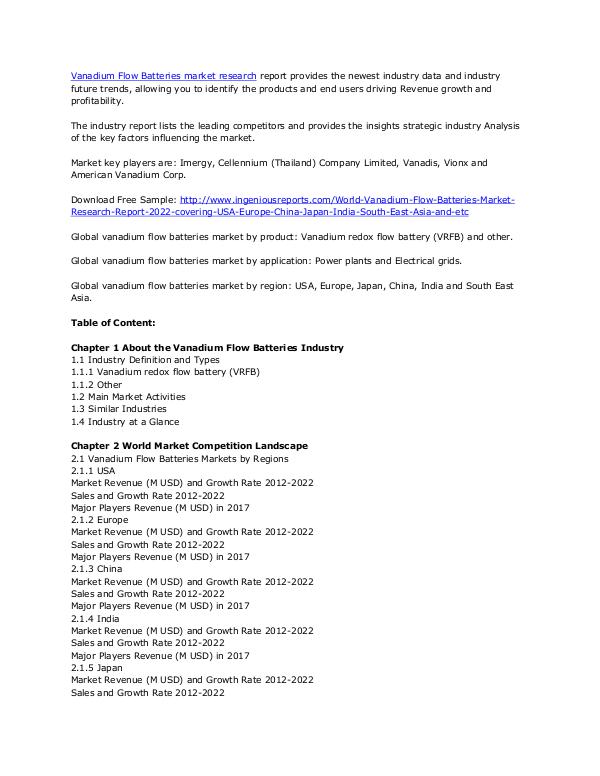 World Vanadium Flow Batteries Market Forecast through 2022 Vanadium Flow Batteries Market Research Report