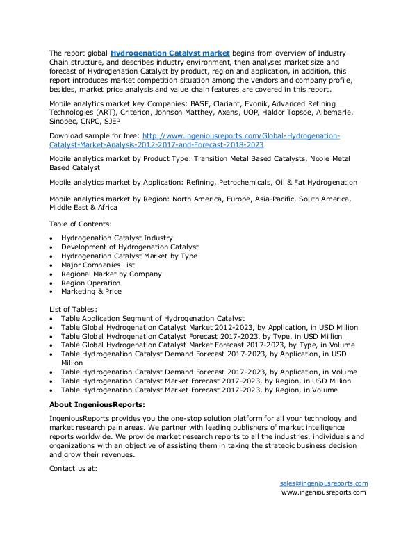 Global Market 2018-2023 :  Hydrogenation Catalyst  Market Survey and Hydrogenation Catalyst market