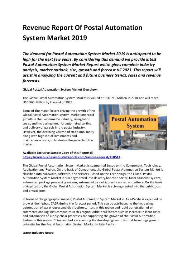 Global Postal Automation System Market Report 2019