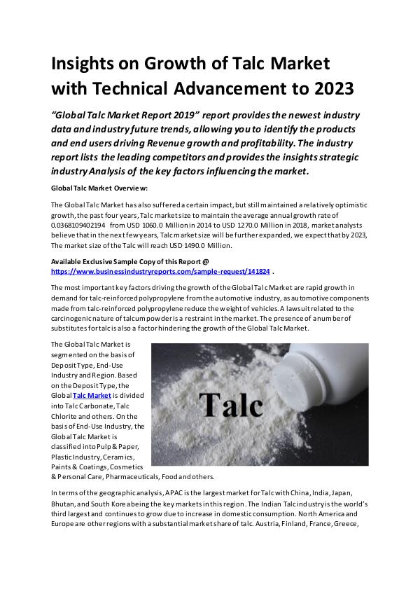 Market Research Reports Global Talc Market Report 2019