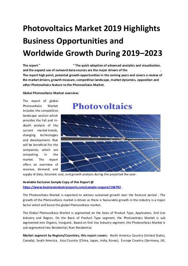 Market Research Reports Global Photovoltaics Market Report 2019