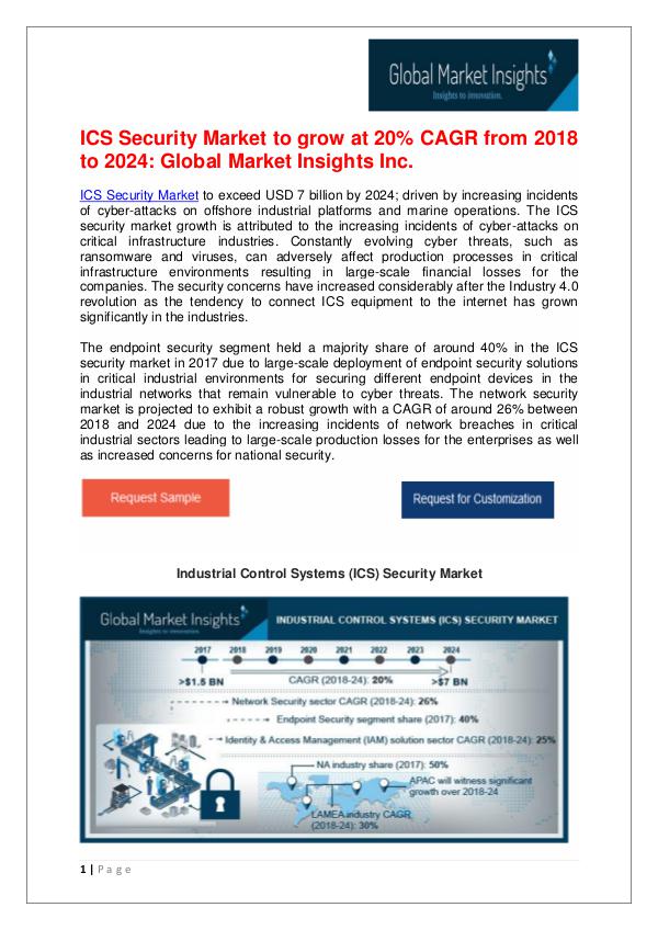 ICS Security Market to grow at 20% CAGR from 2018 to 2024 Industrial Control Systems (ICS) Security Market