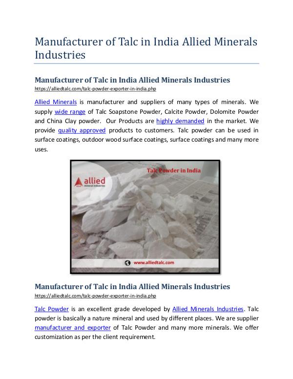 Manufacturer of Talc in India Allied Minerals Industries Manufacturer of Talc in India Allied Minerals Indu