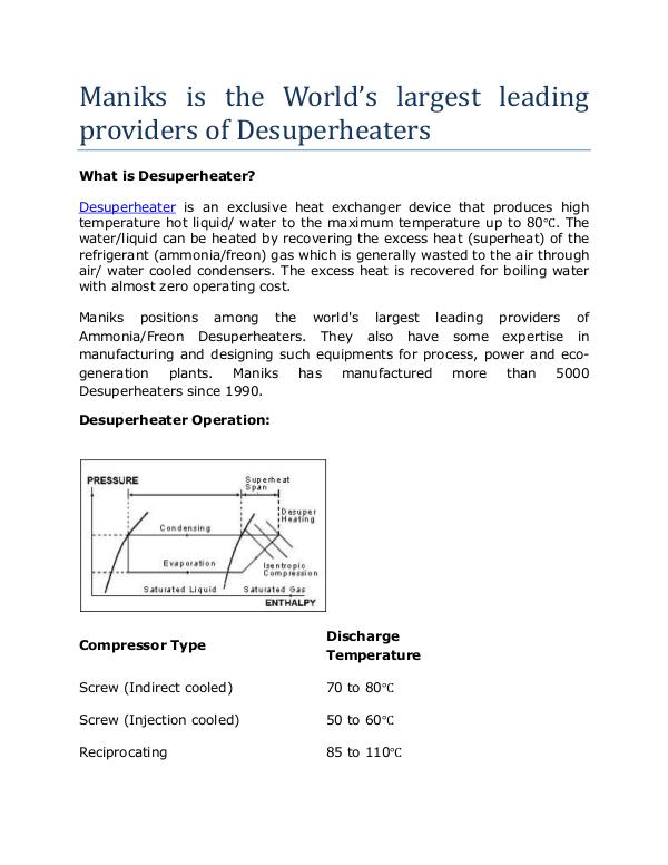 Desuperheaters is best heat exchanger device by Maniks Maniks Desuperheater